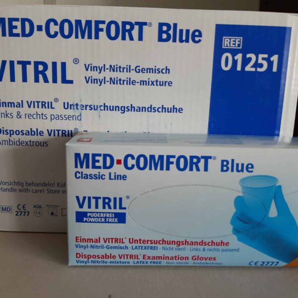 Med-comfort blue vitril handschoenen maat S-XL   1 doosje 100 stuks